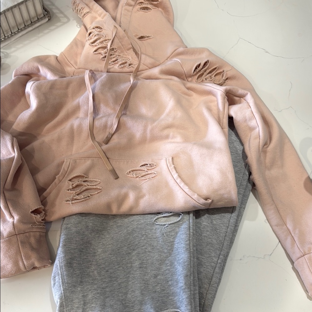 Pink Distressed Hoodie and Gray Sweatpants Set